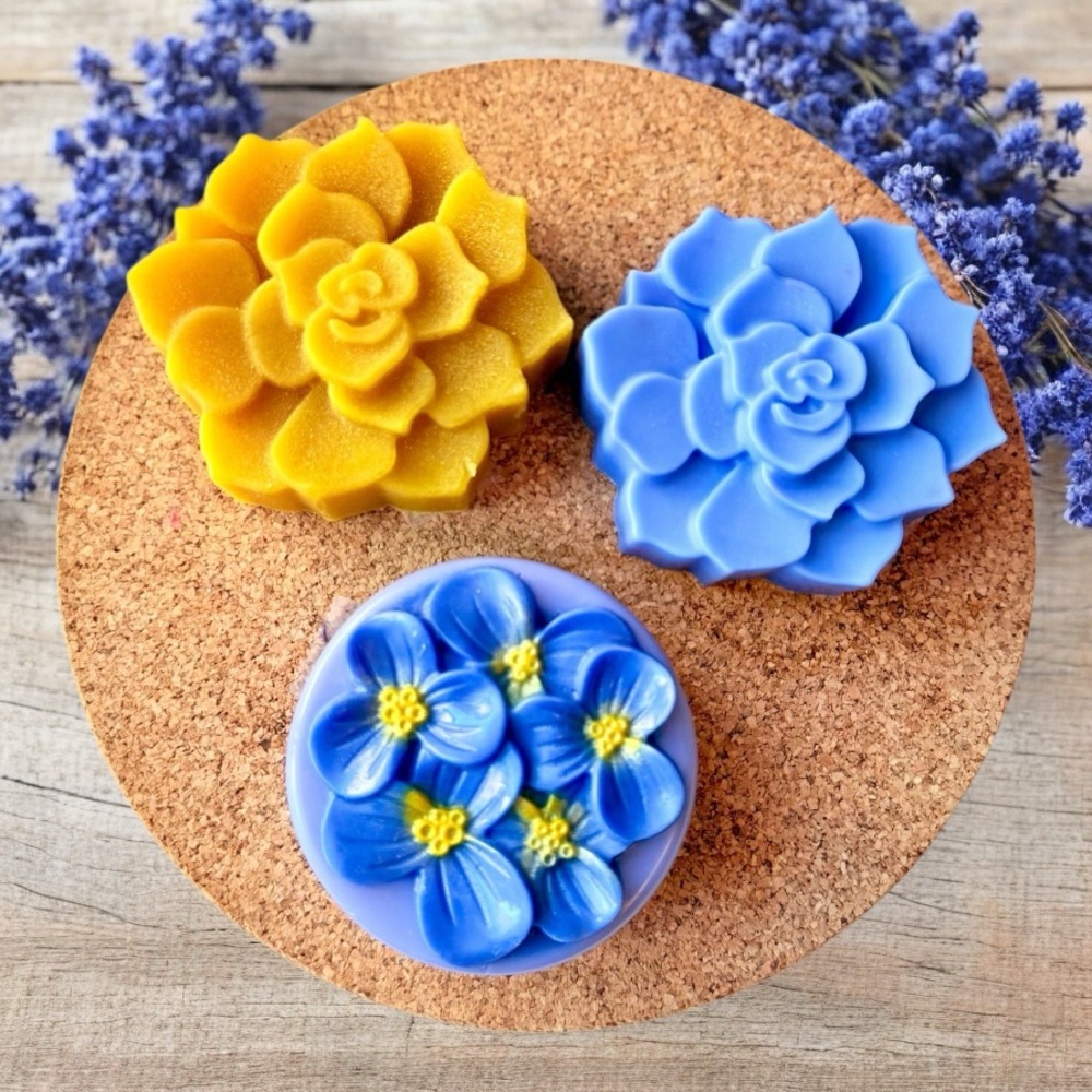 Vibrant Yellow and Blue Luxury Floral Handcrafted Soap Set of 3